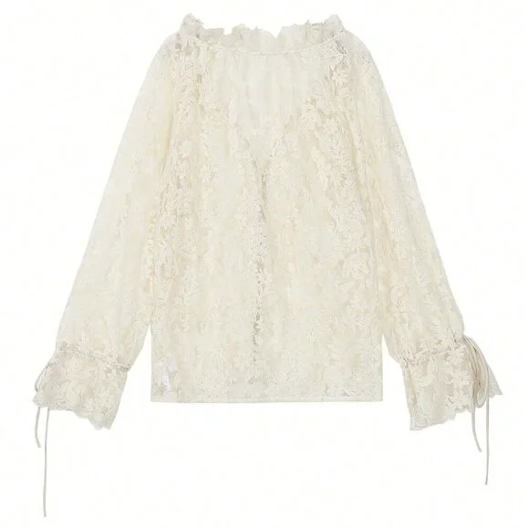 Apricot Casual Women's Elegant  Lace Sheer long sleeve Blouse - Picture 6 of 9